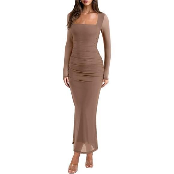 Long Sleeve Sheer Mesh Square Neck Long Dress Brown - Picture 1 of 6